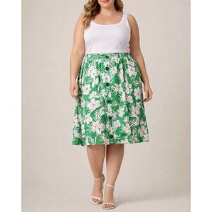 Pari Passu Kelly Skirt Green Floral Button Front Ruffle Hem Midi Skirt Size‎ 22